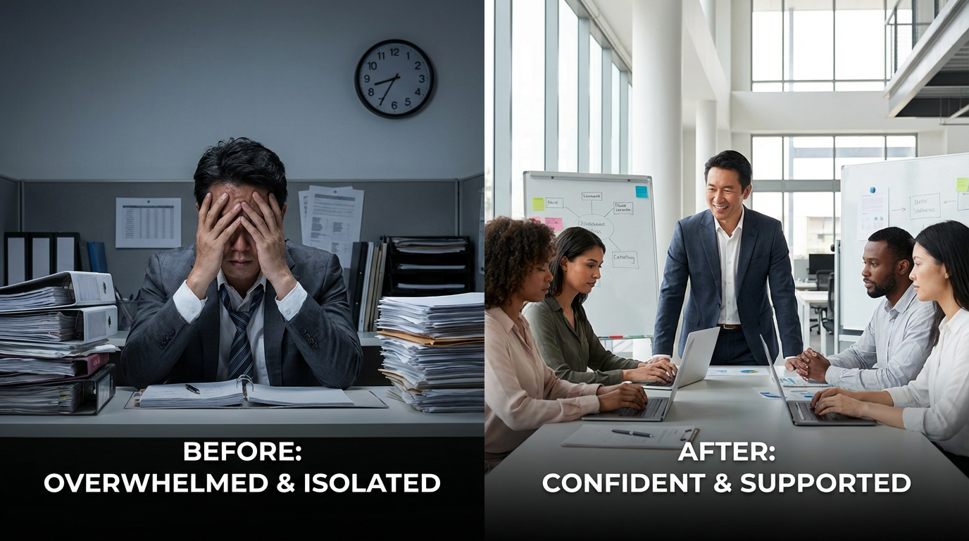 忙殺される経営者と優秀なスタッフに囲まれた経営者の対比